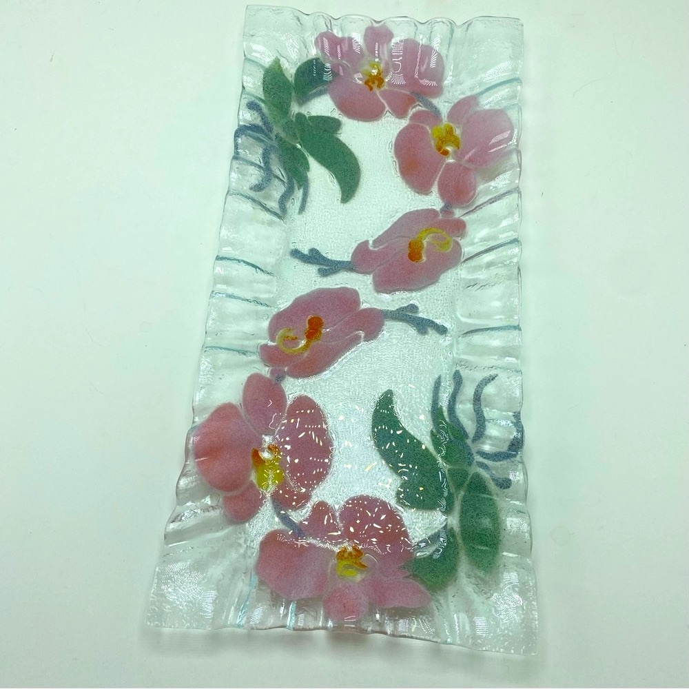 Bill Strydenstrucker Hand Blown Fused Pink Orchids Ruffled Edge Tray